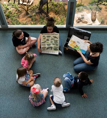 A group of children sits in a circle, engaged with materials being presented by two adults in a museum setting.