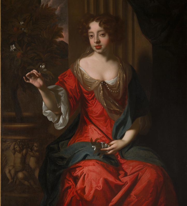 A painting of a woman in a red dress holding a delicate flower, set against a soft, muted background.