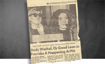 Old newspaper clippings depicting Andy Warhol.