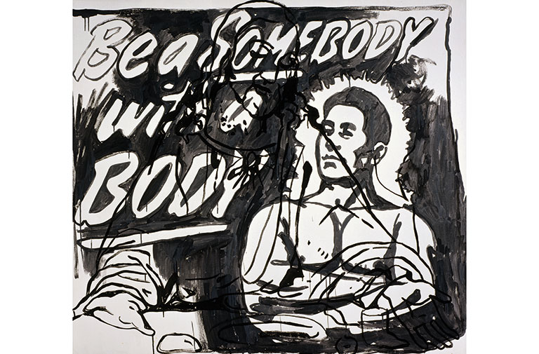 A painting of a body builder with the words, Be a Somebody with a body.