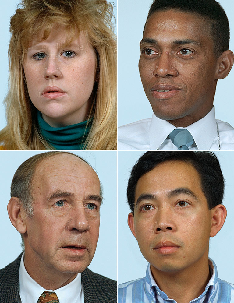 A group of human faces with digital items superimposed on to them.