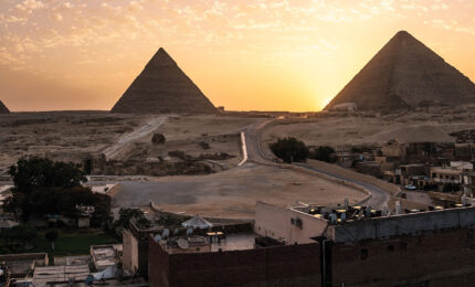 A view of the pyramids from the rooftop of a building in Giza.
