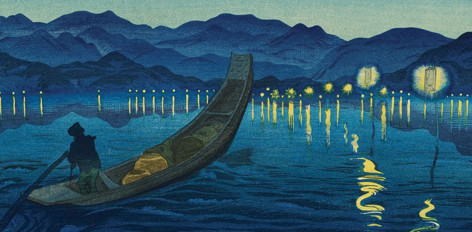 A Japanese print of a boat at nightime with lights in the background