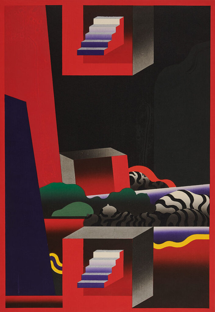 An abstract japanese print with reds and dark blacks.