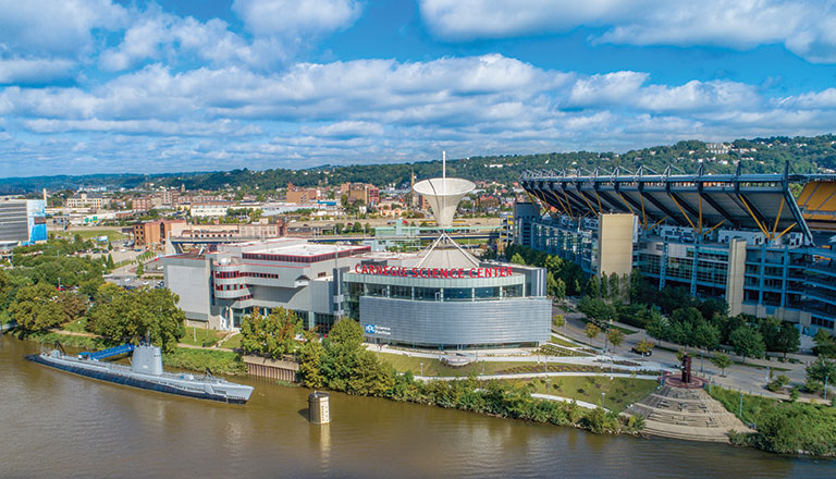 an overhead drone view of the north shore of pittsburgh.