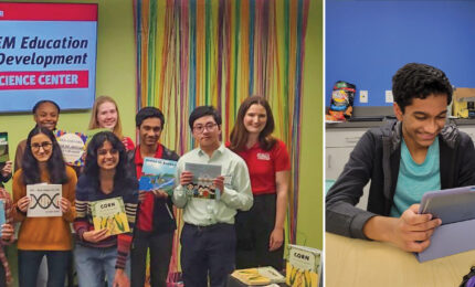 A group of students holding books and another student being instructed bey a teacher.