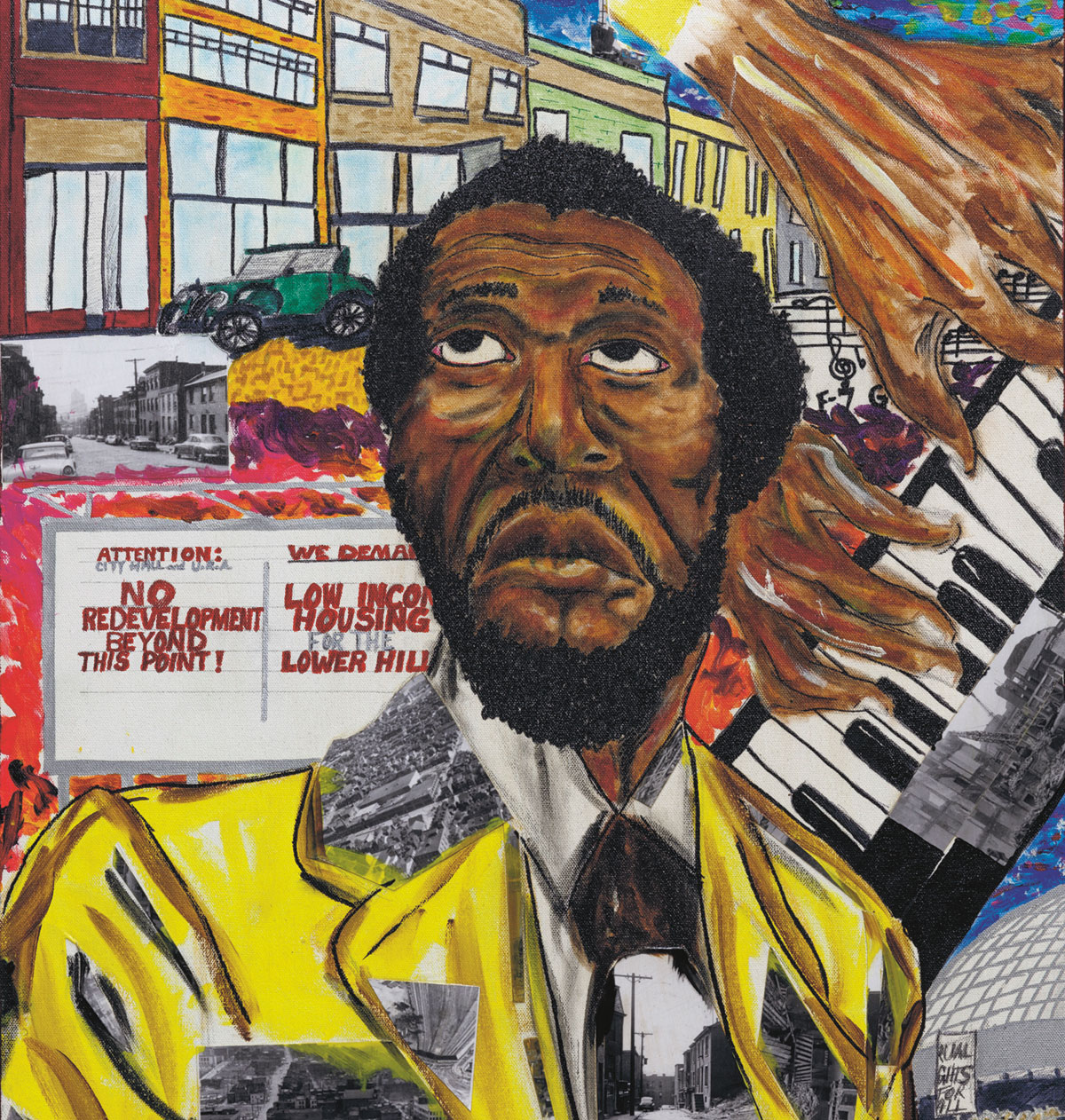A paining of a black man in a yellow suit jacket, with various activity behind him.