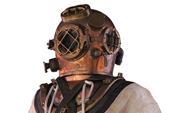 The shoulders and helmet of a diver suite