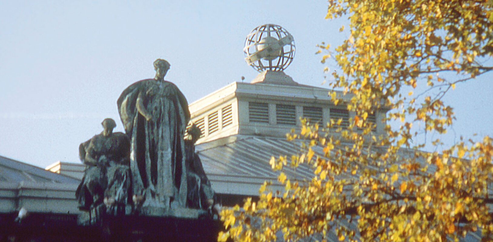 A view of a sphere on the roof of Carnegie Museum