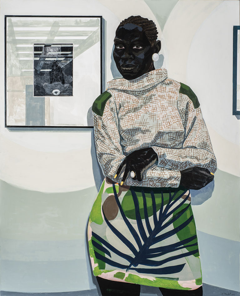 A paining of an Black woman standing next to a painting on the wall behind her.