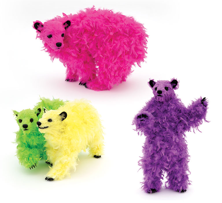 A group of colorful feather covered bears in various poses