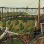 Painting of a valley with train tracks running beneath a bridge, there are houses on the hillsides and a boiler plant with a smoke stack on one side