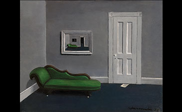 A minimalist room features a green chaise lounge, a gray wall, a mirror reflecting the lounge, and a closed door.