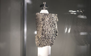 A textured gray rock sculpture displayed on a white pedestal, showcasing its unique natural patterns under soft lighting.