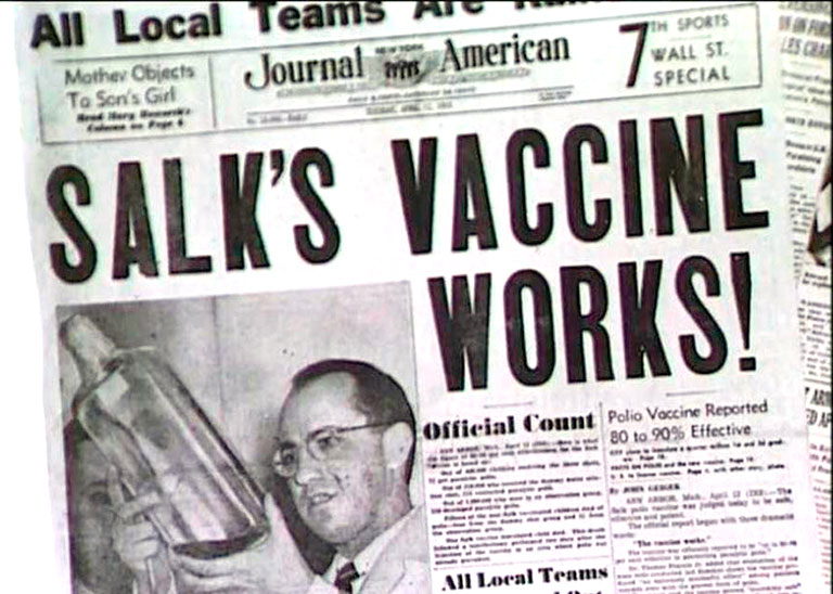 A newspaper headline announces "Salk's Vaccine Works!" alongside an image of a scientist holding a vaccine vial, celebrating polio vaccine success.