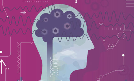 Illustration of a human head in profile with a brain made of gears and waves, surrounded by scientific symbols and patterns on a purple background.