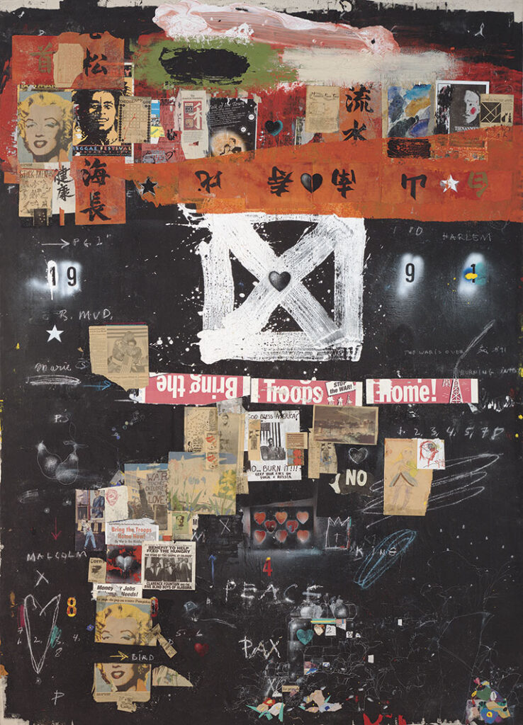A vibrant collage of mixed-media art featuring slogans, news clippings, and symbols centered on peace, war, and love themes.