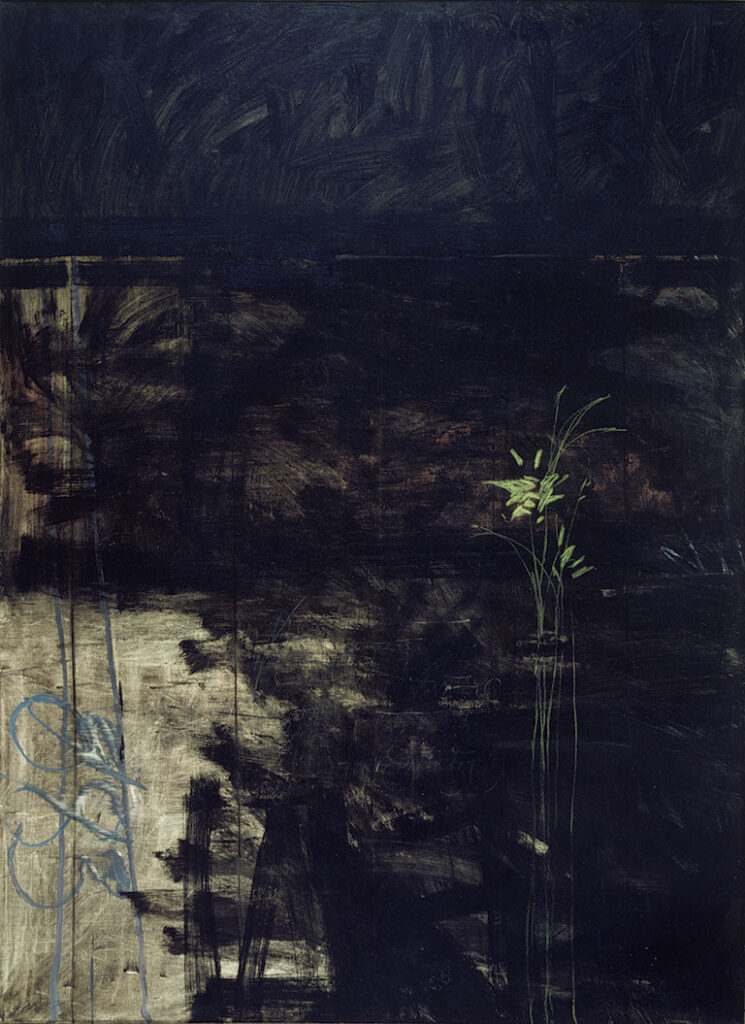 An abstract painting featuring dark textured backgrounds with a single green plant emerging from the lower right corner.