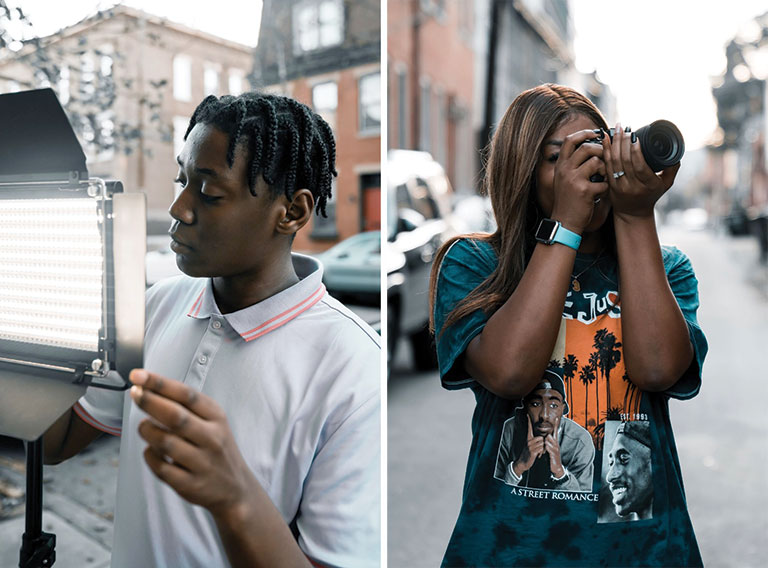 Two photos of young people working with camera equipment.