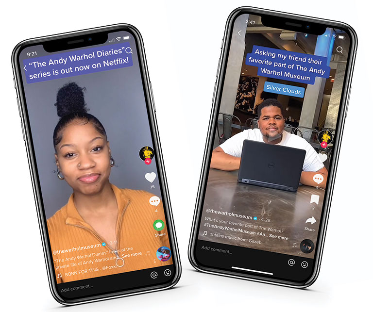 2 iphones with young people in a video showing on the screens.