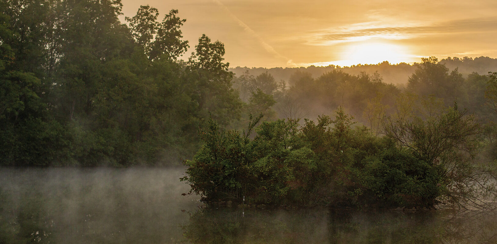 An outdoor scene of a pond with mist rising from it early in the morning.