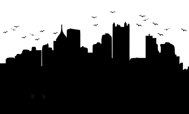 A silhouette of Pittsburgh's skyline with birds flying around it.