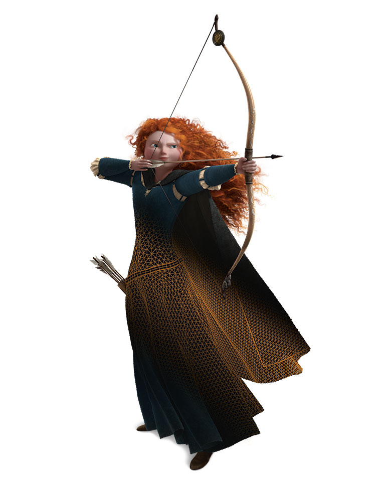 A Pixar character of a red haired woman shooting a bow and arrow.