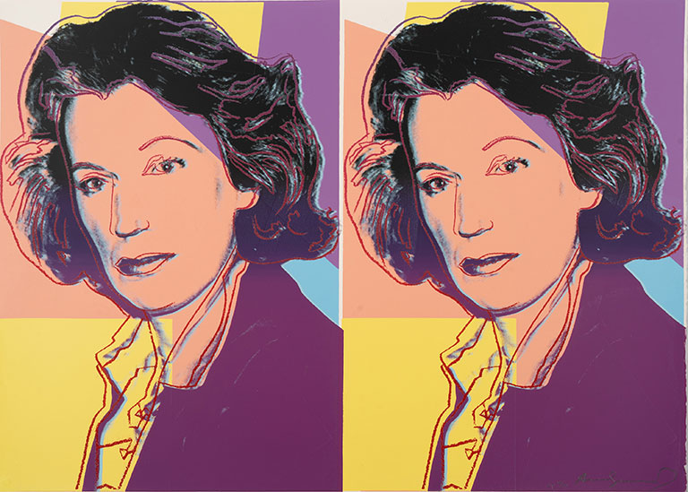 A vibrant pop art piece featuring two side-by-side portraits with bold colors and stylized lines, showcasing striking hair and outfit details.
