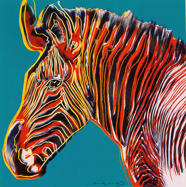 A vibrant illustration of a zebra's head, featuring bold red and yellow stripes on a turquoise background, showcasing artistic flair.
