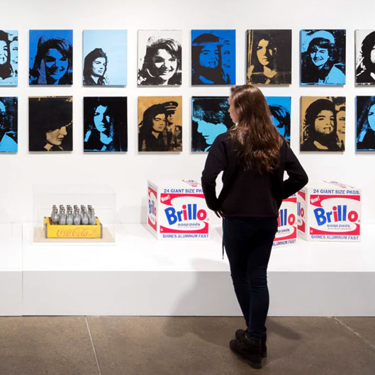 A visitor observes a gallery featuring Warhol-style portraits and Brillo box displays in a contemporary art setting.