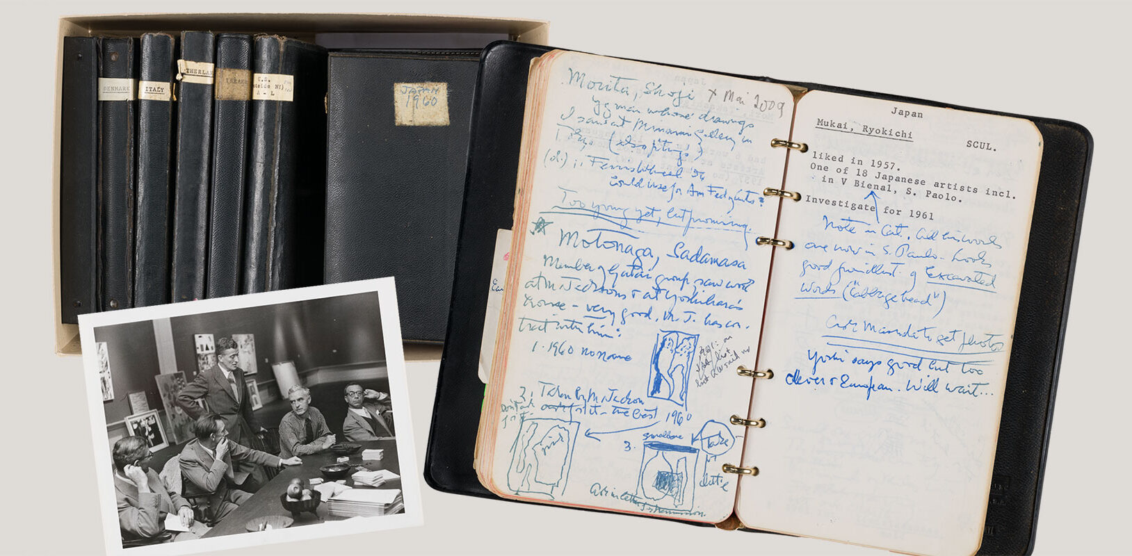 A collage of a photo, a notebook and a box of notebooks