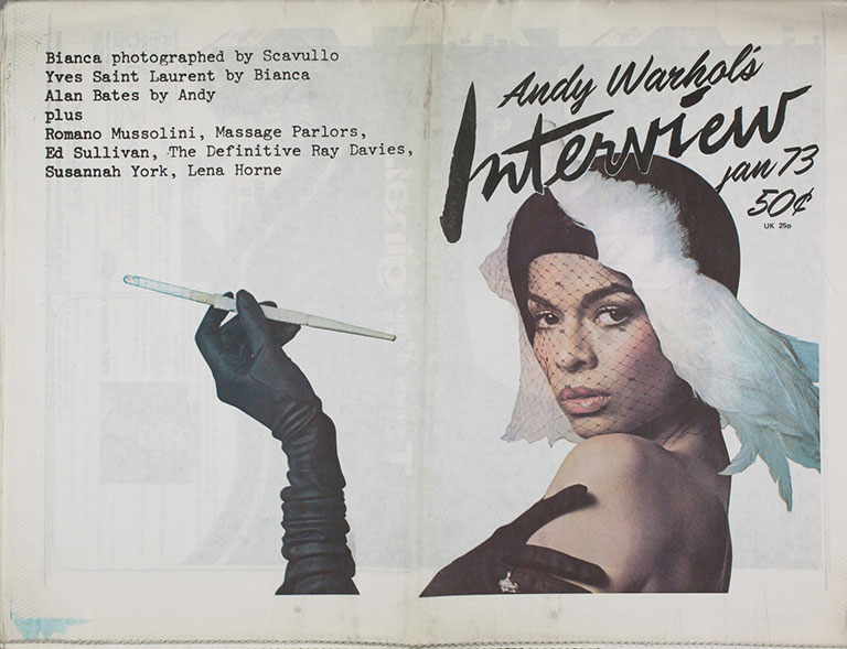 AN inside spread of interview magazine featuring bianca jagger