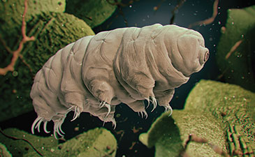 A detailed illustration of a water bear, or tardigrade, showcasing its distinct segmented body and clawed limbs amidst a microenvironment.