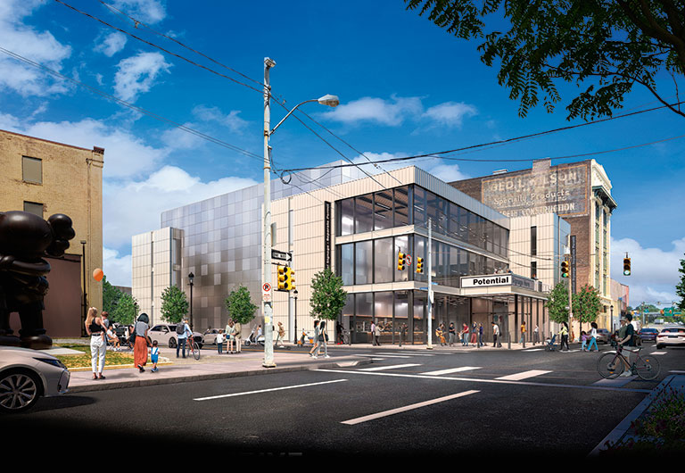 A modern building labeled “Potential” at a bustling intersection, with pedestrians, greenery, and blue skies above.