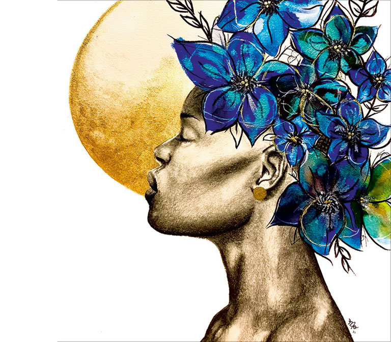 A profile of a woman with stylized flowers in her hair, set against a large golden circle, symbolizing beauty and strength.